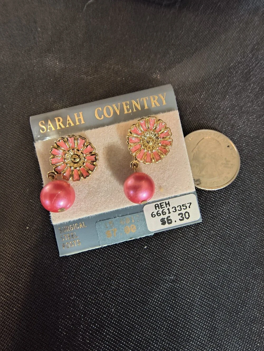 Vintage Sarah Coventry Pink Enamel Floral Pearl Drop Earrings NOS